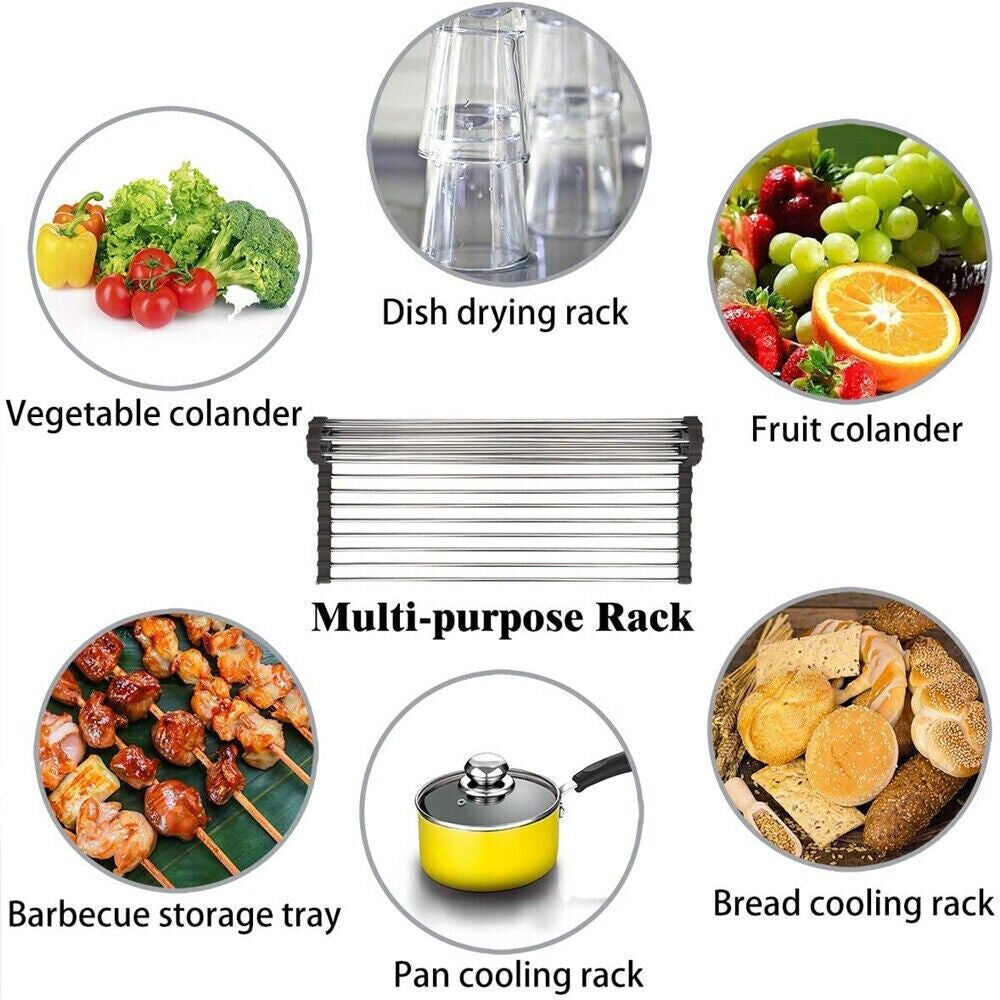 Large Kitchen Over Sink Drying Rack | Stainless Steel Roll-Up Dish Drainer & Cutting Board | Multi-Functional Space-Saving Food Prep Solution