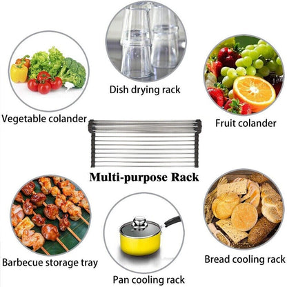 Large Kitchen Over Sink Drying Rack | Stainless Steel Roll-Up Dish Drainer & Cutting Board | Multi-Functional Space-Saving Food Prep Solution