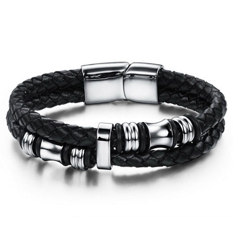 Men's Black Leather Braided Bracelet - Stainless Steel Cuff, Trendy Wristband for Everyday Style - Perfect Gift for Him, Modern & Durable Design