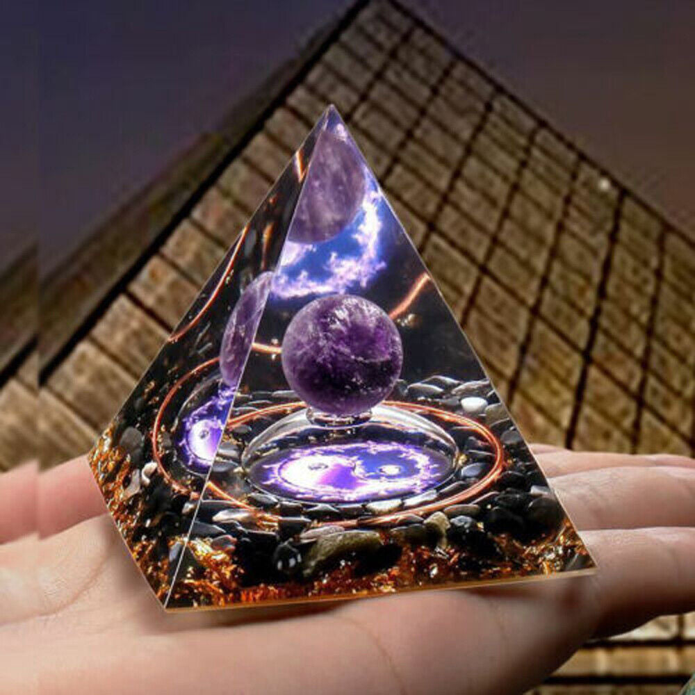 EMF Protection Orgonite Pyramid - Amethyst & Peridot Healing Crystal, Energy Orgone, Spiritual Decor, Positive Vibes, Stress Relief Home & Office Gift