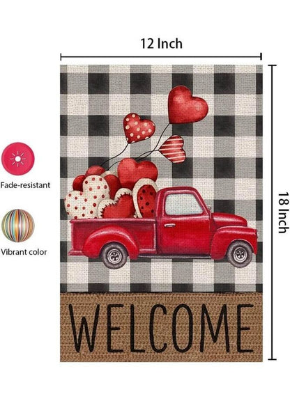 Valentine’s Day Garden Flag, Double-Sided Burlap Flag with Love Heart & Red Truck | Durable 12x18 Inch Yard Decor for Lawn, Porch & Patio