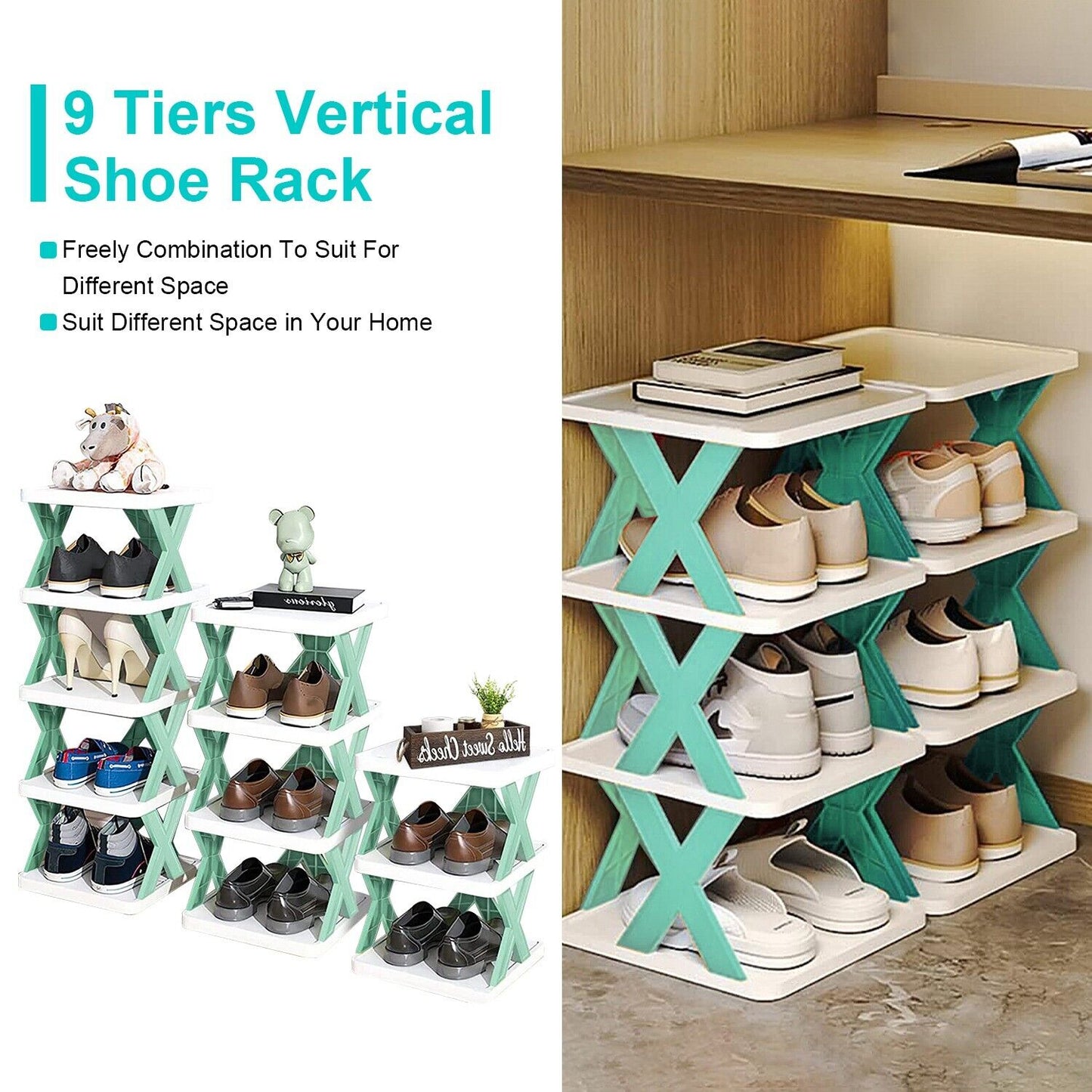 9-Tier Space-Saving Shoe Rack Organizer - Narrow Adjustable DIY Shoe Shelf for Entryway, Closet, or Bedroom, Easy Tool-Free Assembly, Modern Design