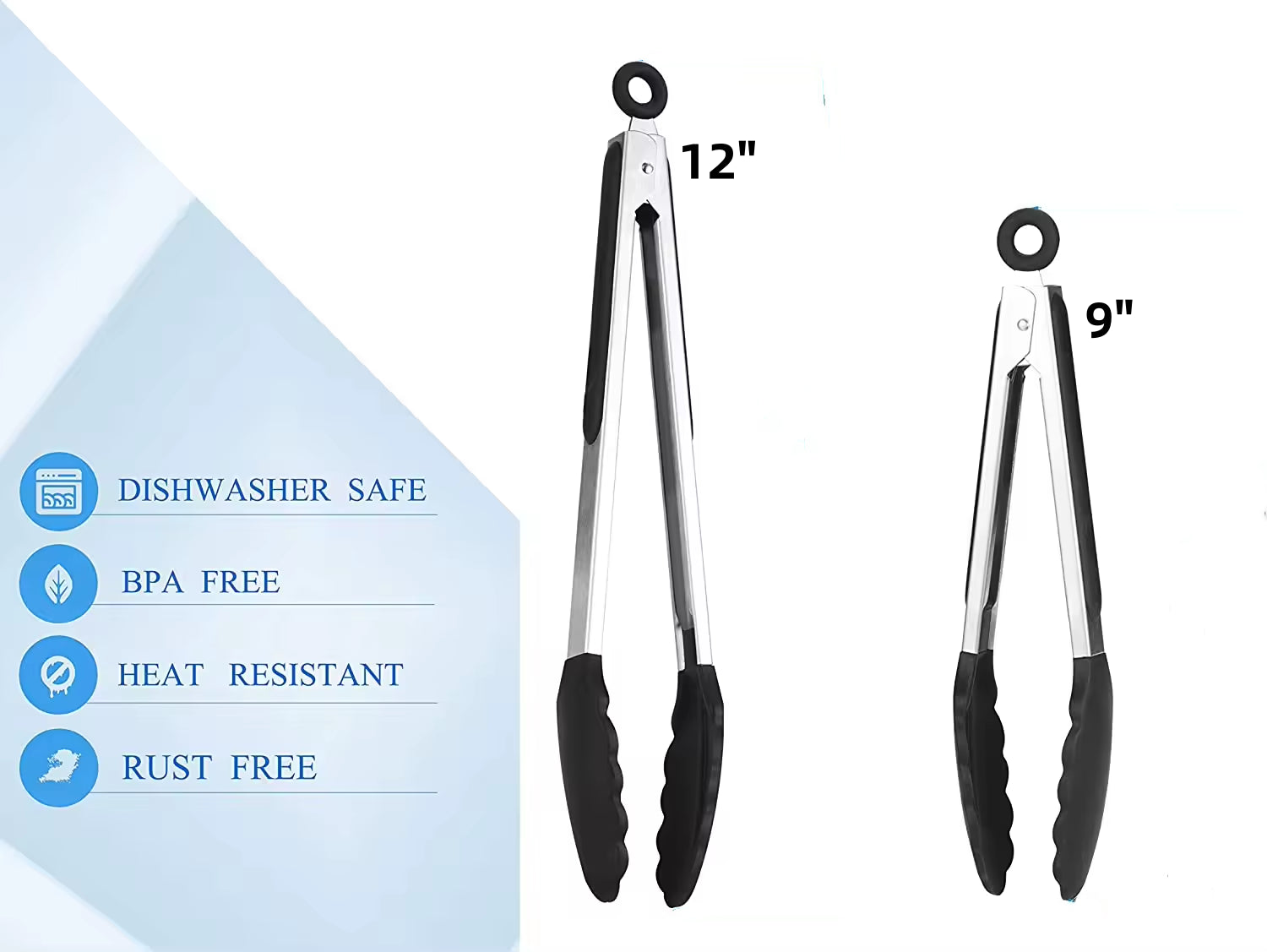 ✅SHIP NOW - Kitchen Food Tongs Silicone Stainless Steel Tongs Set | Black 9"/12"