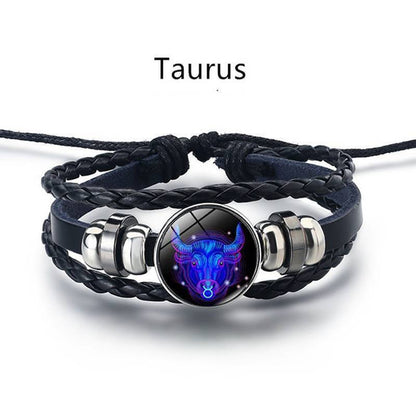 Leather Bracelet Bangle for Men Woman with Signs of the Zodiac Astrology Luminou