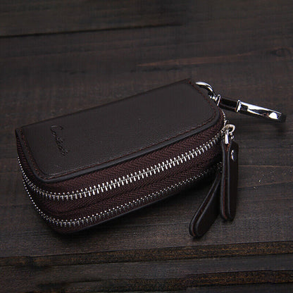 Keyholder Retro Casual Cowhide Leather Double Zipper Car Key Case Holder Wallet Key Bag