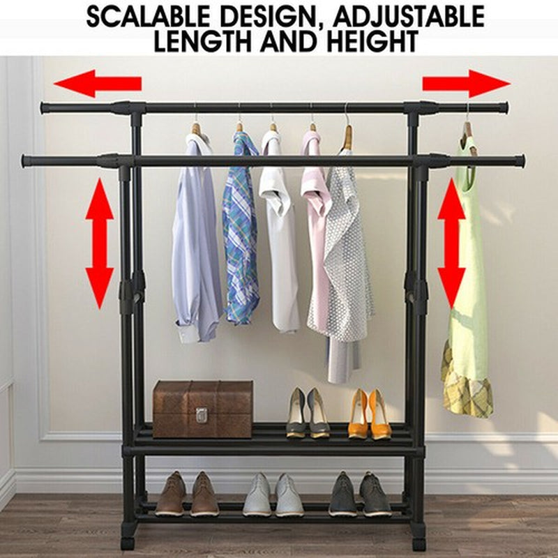 Heavy Duty Clothing Garment Rack Rolling Clothes Organizer Double Rails Hanging