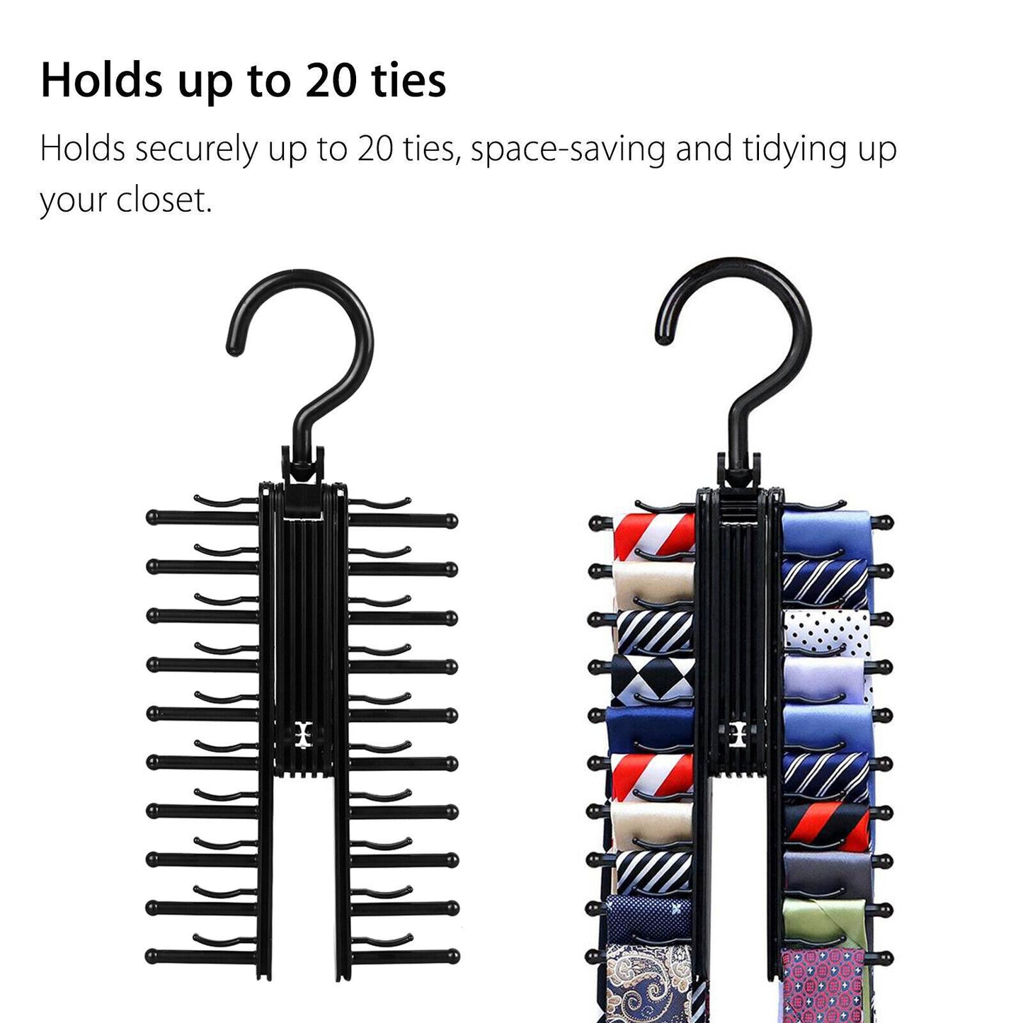 Tie Rack Organizer for Closet - 20 Tie Hanger with 360° Rotating Hook, Space-Saving Non-Slip Clips, Durable ABS Plastic, Easy Access & Neat Storage