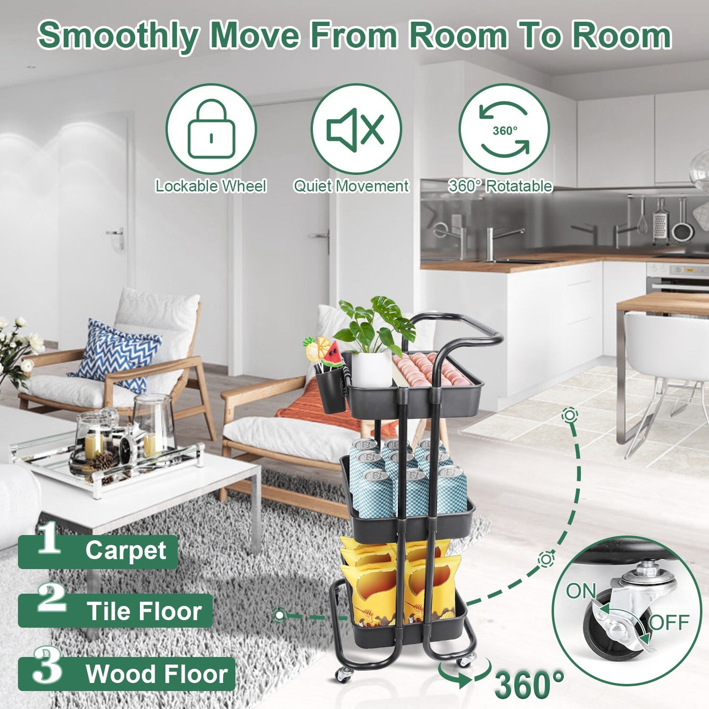 3 Tier Rolling Kitchen Trolley Cart Metal+Pp Storage Shelves Rack Utility Cart