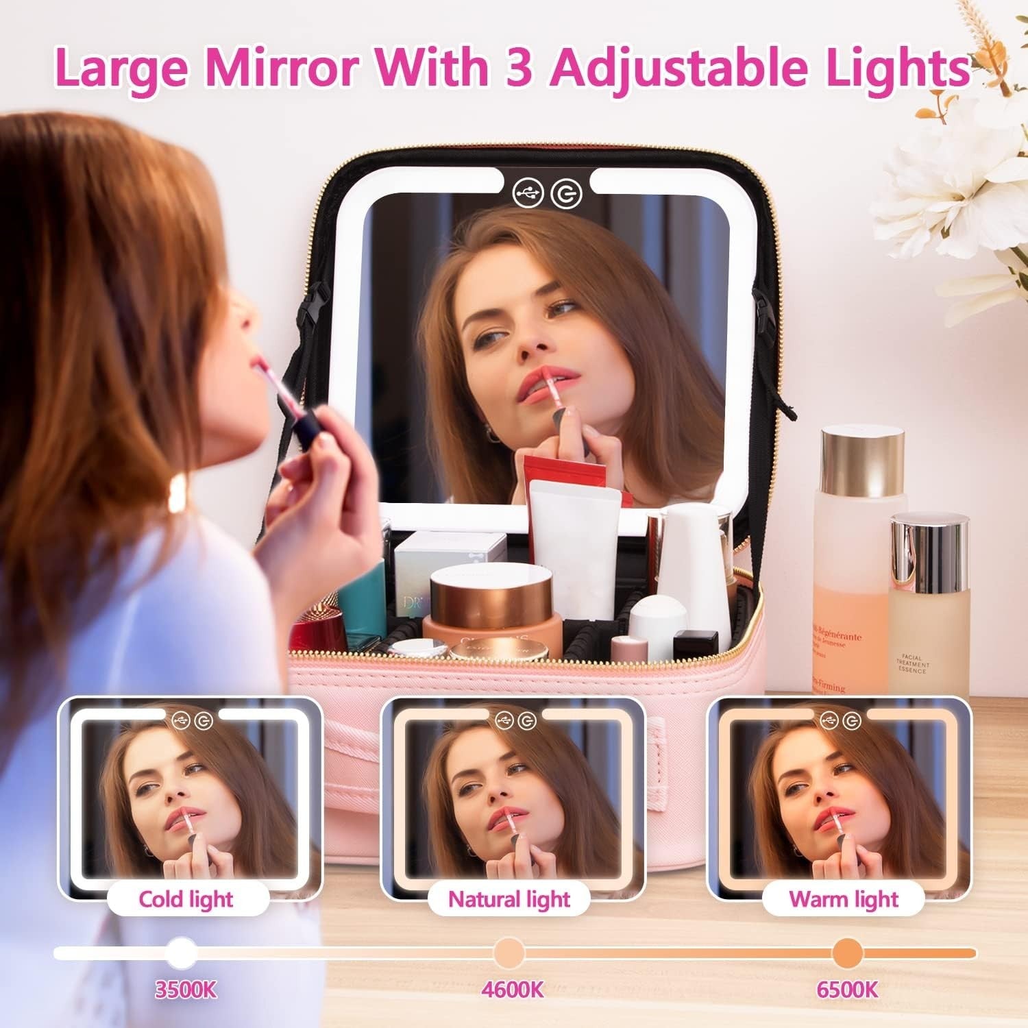 Travel Makeup Bag with LED Lighted Makeup Case with Mirror 3 Color Setting