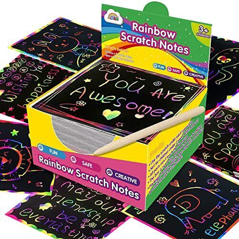 Birthday Christmas Rainbow Scratch Mini Art Notes - 125 Magic Scratch Paper Note Cards for Kids