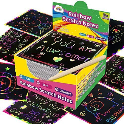 Birthday Christmas Rainbow Scratch Mini Art Notes - 125 Magic Scratch Paper Note Cards for Kids