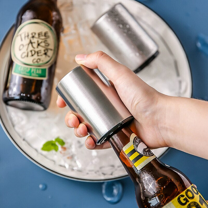 Magnet Automatic Beer Bottle Opener Push down Soda Cap Collector Stainless Steel