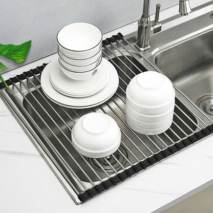 Large Kitchen Over Sink Drying Rack | Stainless Steel Roll-Up Dish Drainer & Cutting Board | Multi-Functional Space-Saving Food Prep Solution