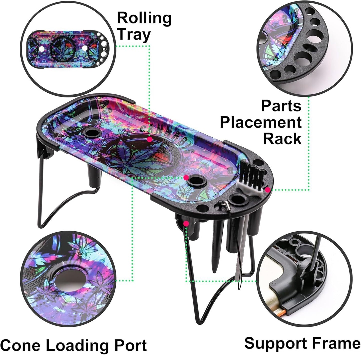 Foldable Metal Rolling Tray Cone Loader - Includes King & 1 1/4 Size Cone Funnel, Cone Maker, Converter & Brush for Easy, Perfect Pre-Roll Cones 