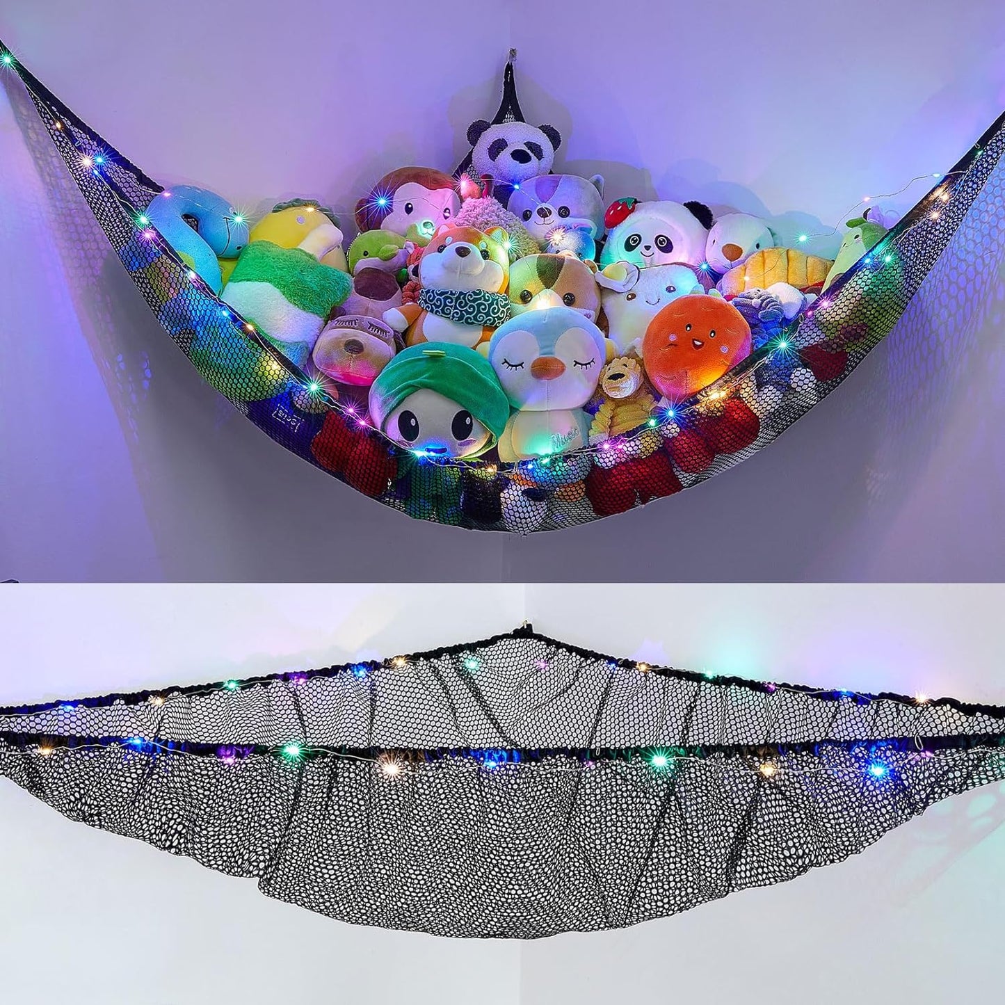 LED Light Hanging Stuffed Animals Organizer, Hammock with LED Lights – Large Corner Toy Net Storage Organizer for Kids Room, Nursery, Playroom 