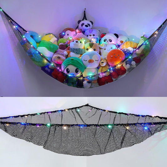 LED Light Hanging Stuffed Animals Organizer, Hammock with LED Lights – Large Corner Toy Net Storage Organizer for Kids Room, Nursery, Playroom 