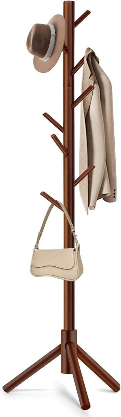 Modern Multifunctional Coat Hanger, Wooden Coat Rack Stand with Adjustable Height, 8 Hooks for Hats & Scarves - Space-Saving Entryway Organizer Sturdy