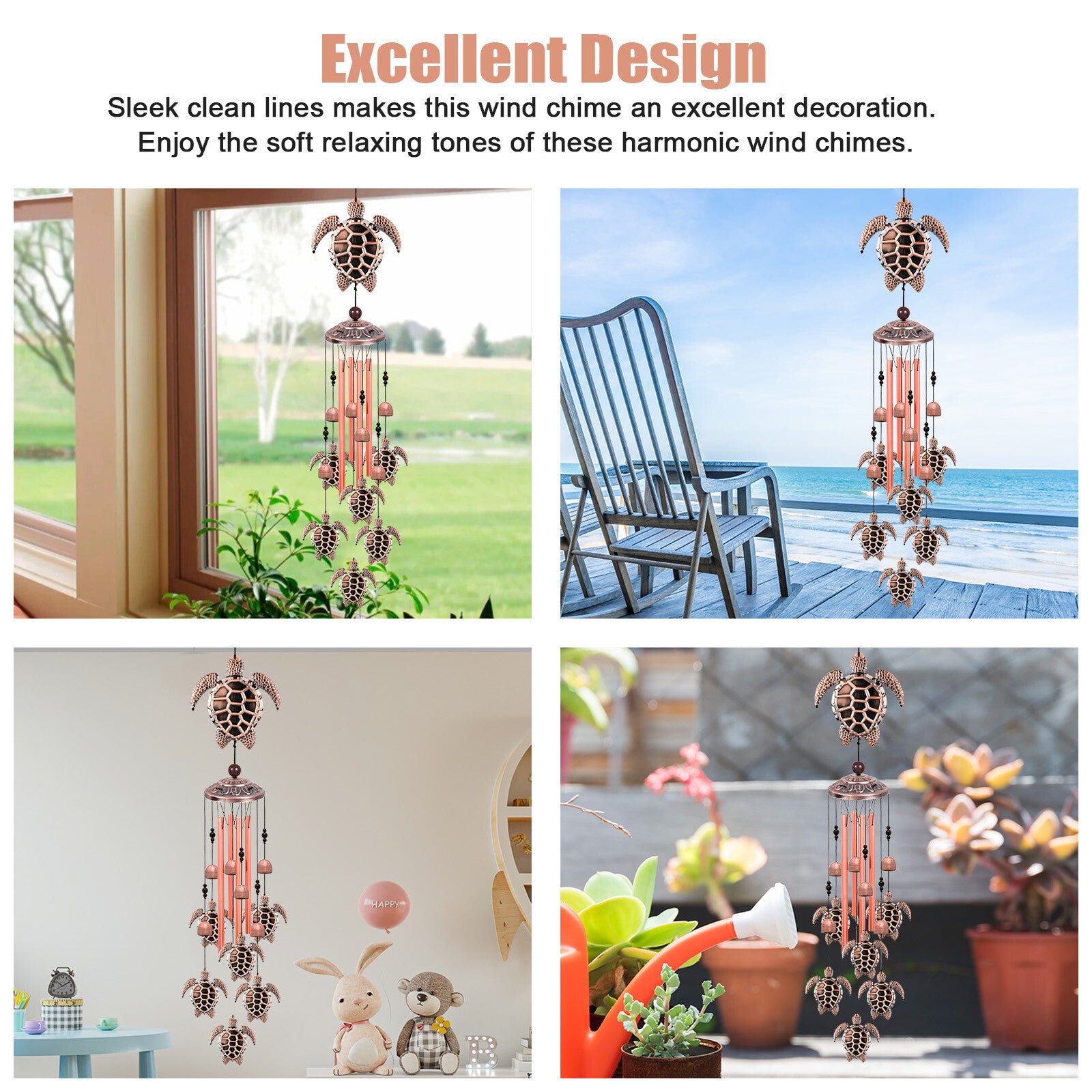 33'' Sea Turtle Wind Chimes Garden Outdoor 4 Tubes Bells Yard Home Hanging Decor