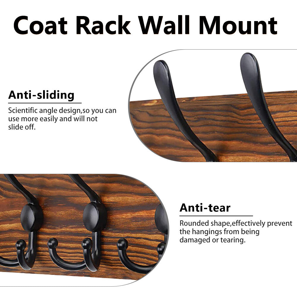 Brown Coat Rack Wall Mount Hat Rack 5 Hooks Pine Wood Plank for Clothes Hats Key