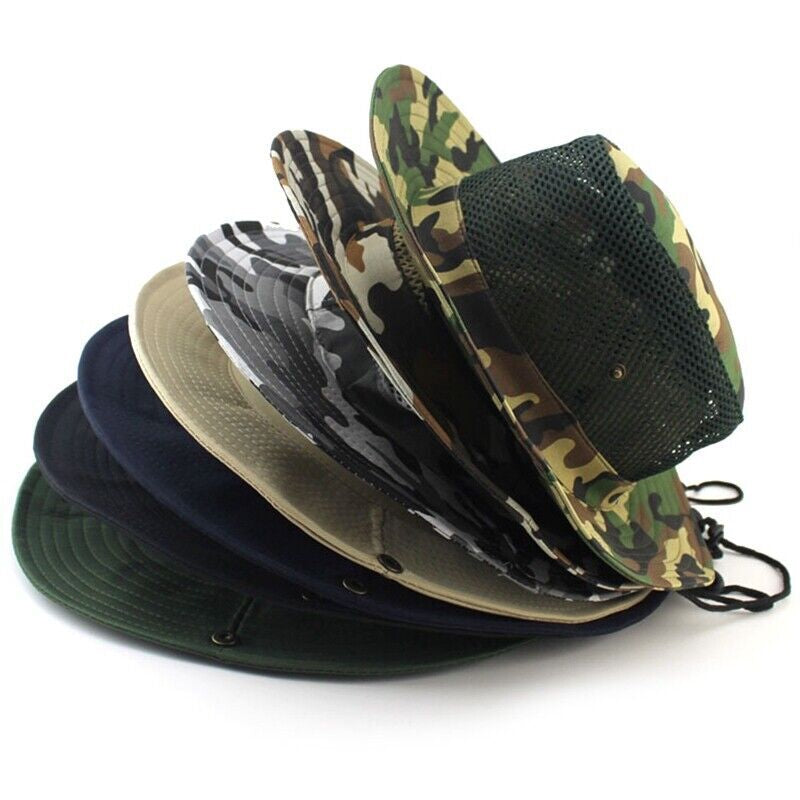 Mesh Tactical Boonie Hat Military Camo Bucket Wide Brim Sun Fishing Summer Cap