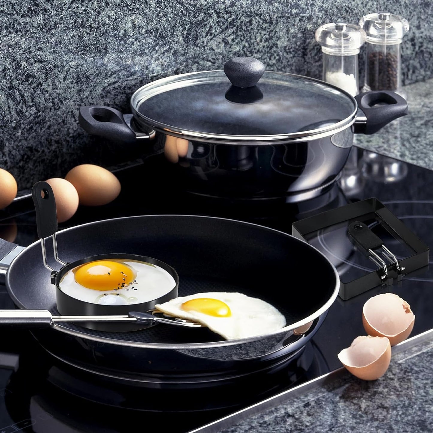 4'' Round+Square Egg Rings Set Silicone Handle Stainless Steel Egg Cooking Rings