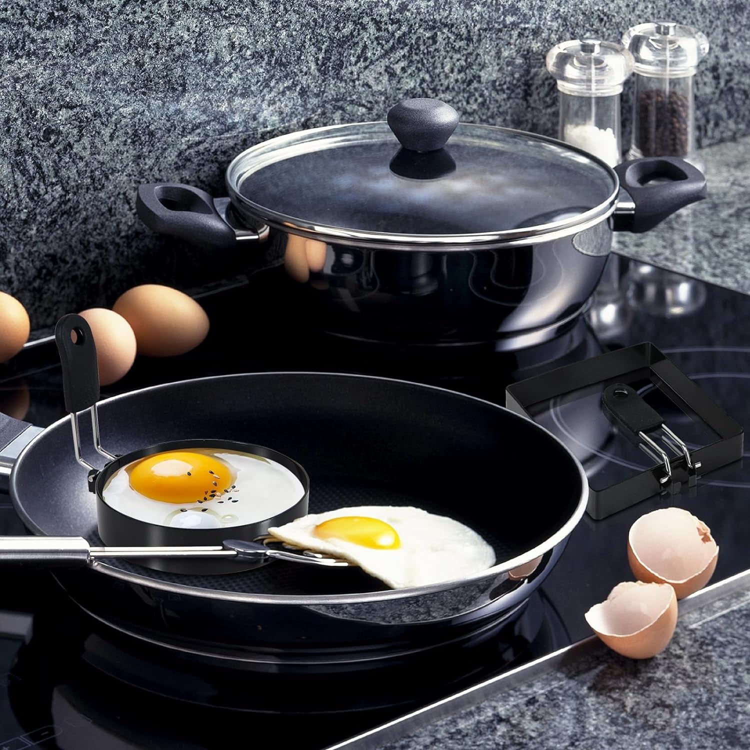 4'' Round+Square Egg Rings Set Silicone Handle Stainless Steel Egg Cooking Rings
