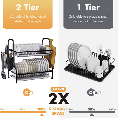 Over Sink Dish Drying Rack 2-Tier | Stainless Steel Kitchen Dish Rack with Drainboard, Utensil Holder, Cutting Board Rack | Space-Saving Organizer