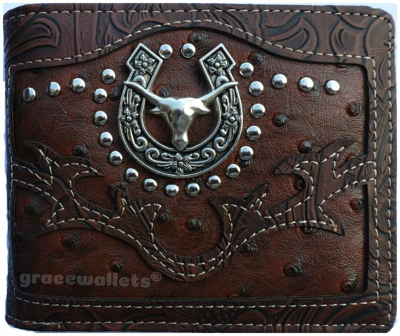 Mens Bifold Wallet with 10 Card Slots, ID Slot & Cash Pockets - Western Style, High-Quality Leather, Compact 4.5”x3.5” - Long Horn Design