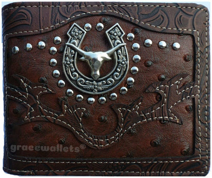 Western Cowboy Wallet for Men – Long Horn Bifold in Brown | Rustic Rodeo Style, Vintage Leather Look | Country Boy Must-Have