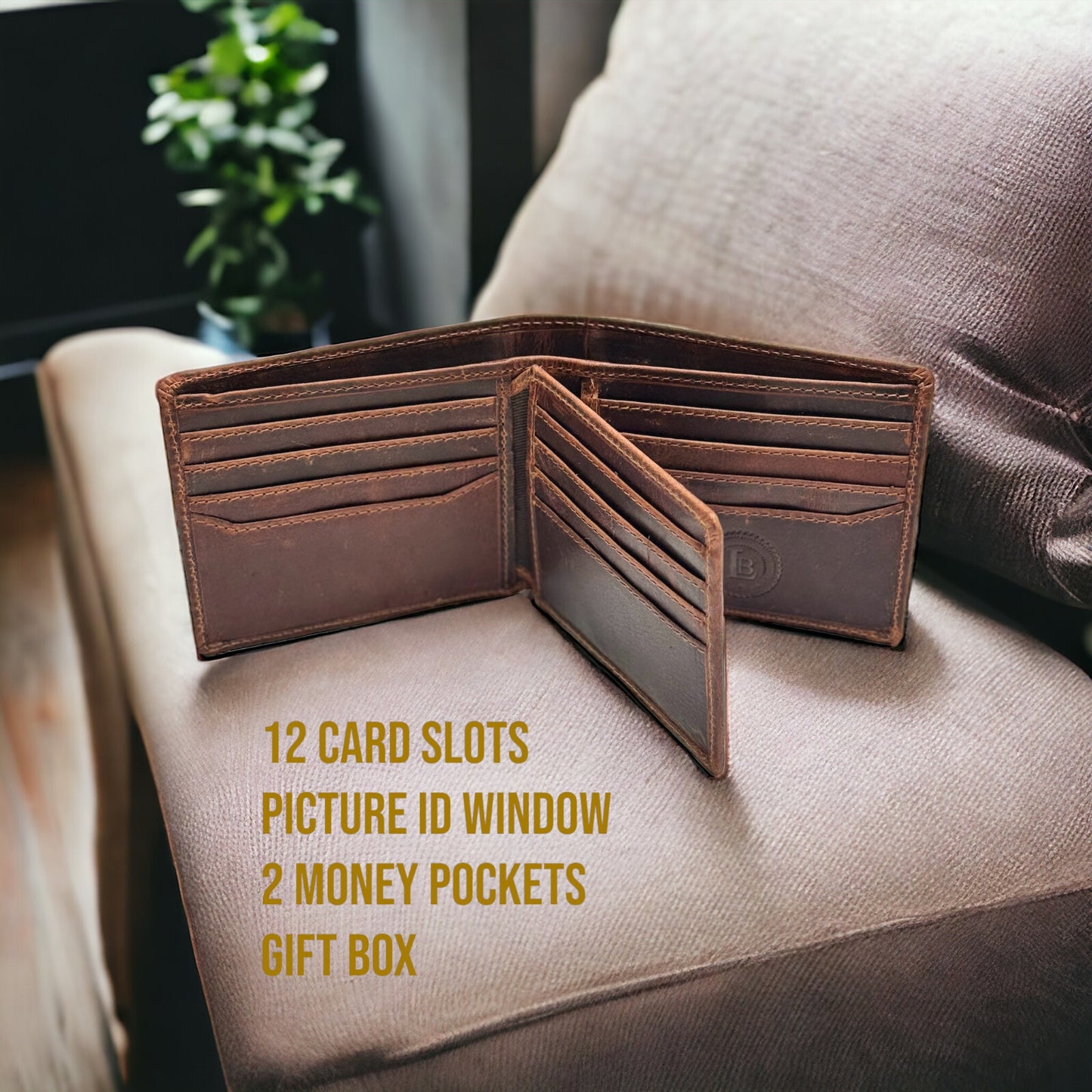 RFID Blocking Brown Vintage Leather Men'S Bifold Center Flap Wallet