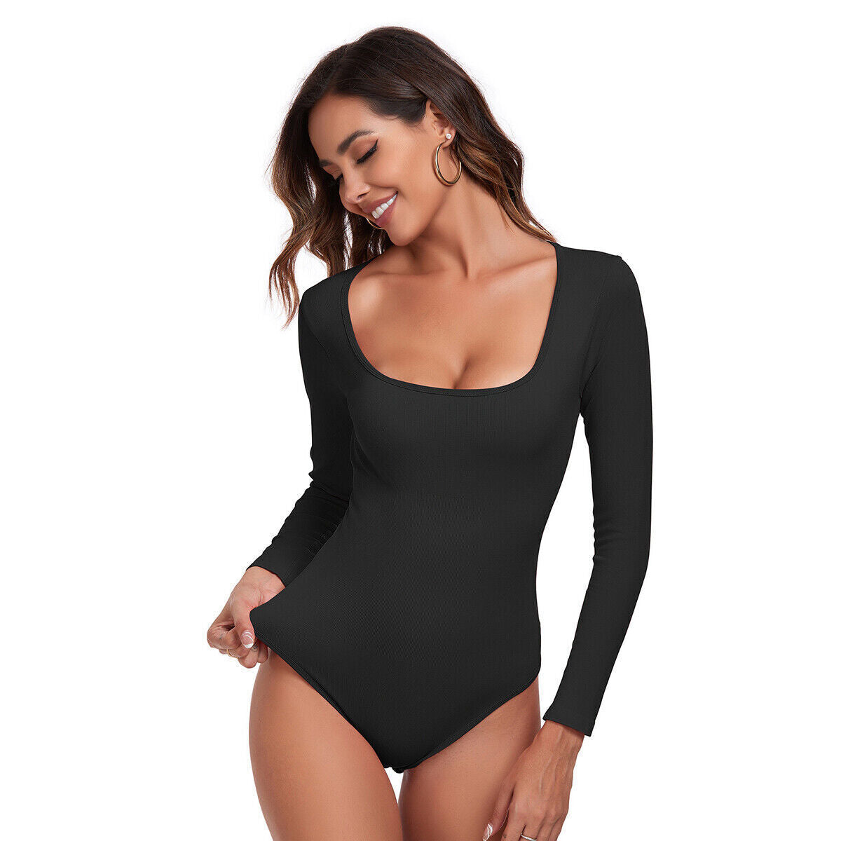 Women's Ribbed Bodysuit Sexy Square Neck Long Sleeve One-Piece Stretchy Soft Casual Comfort Fabric Fit Knit Womenswear Seamless Tops Spandex Basic