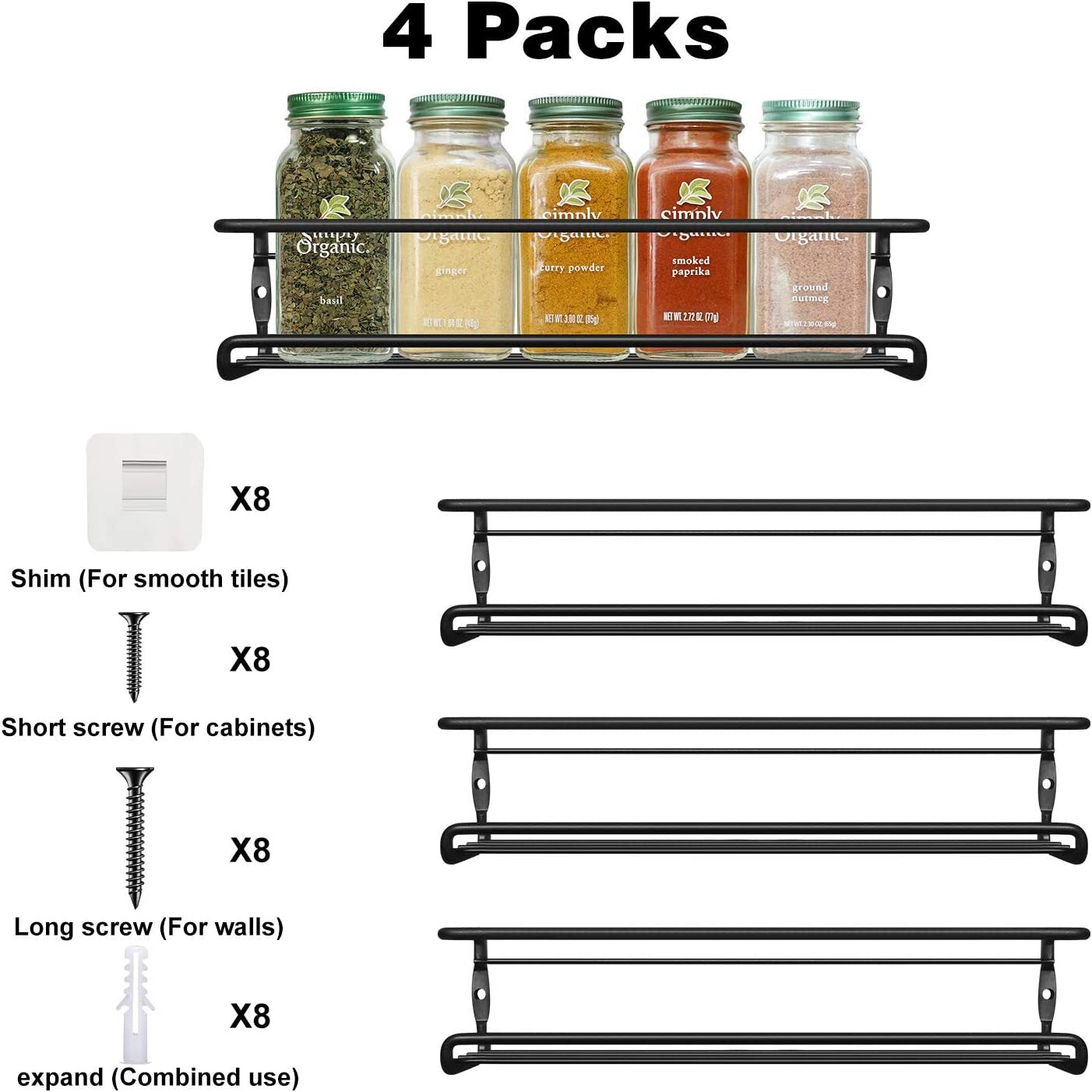 4 Packs Kitchen Spice Rack Organizer Storage Shelf Cabinet Jar Holder Wall Mount