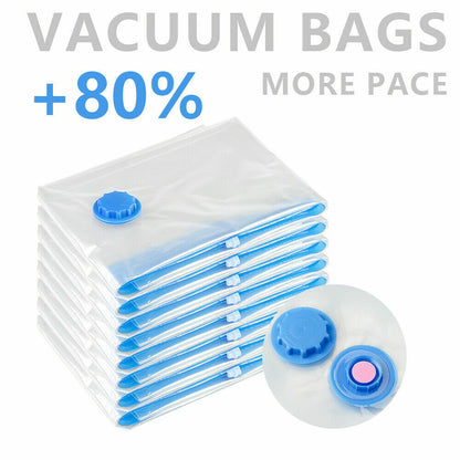 Hand Pump Space Saver Bags 10-Pack Vacuum Seal Storage Bags for Household | Reusable Plastic, Moisture-Proof Organizer Save 85% Closet & Luggage Space