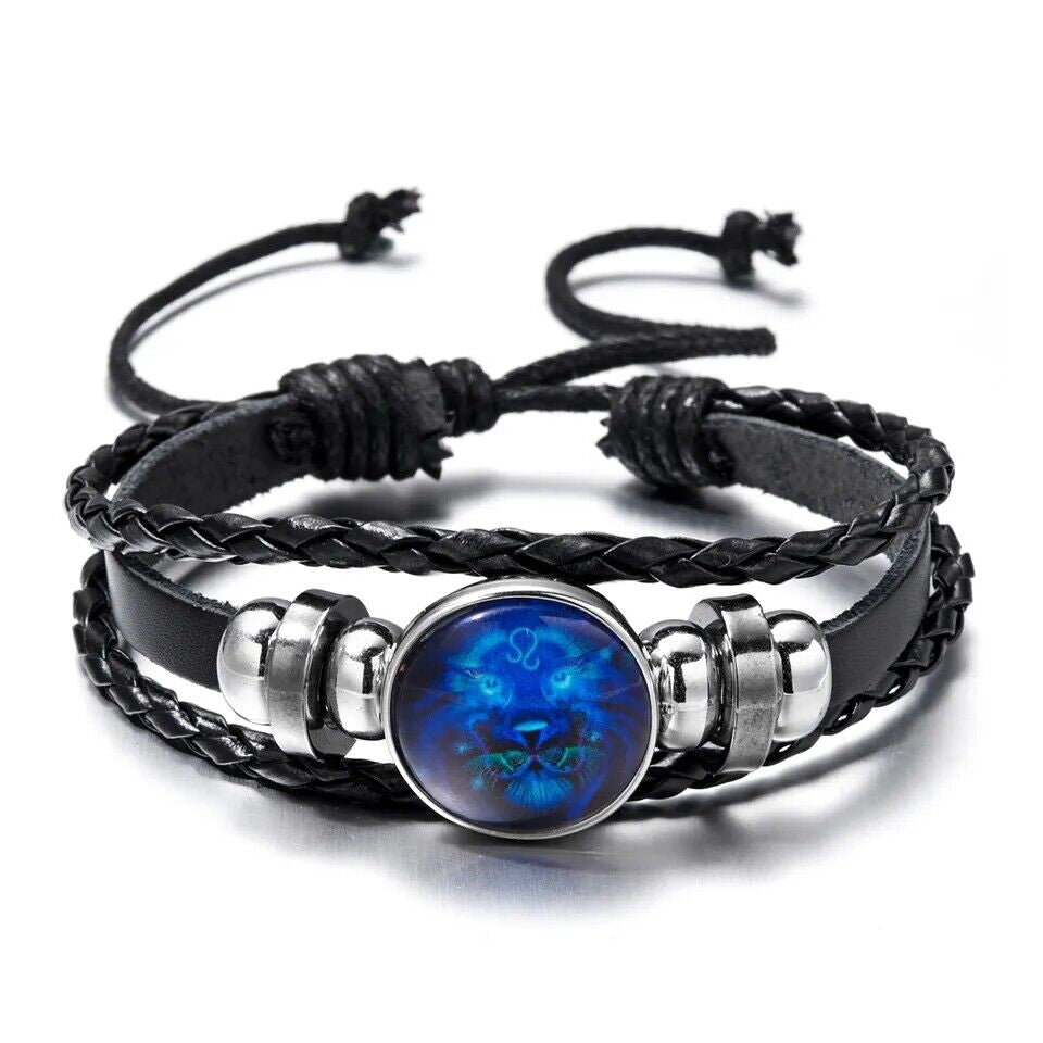 Leather Bracelet Bangle for Men Woman with Signs of the Zodiac Astrology Luminou