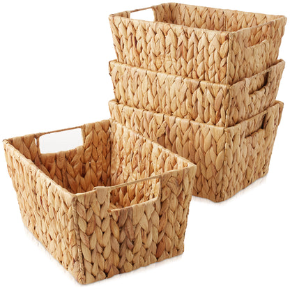 scalloped baskets, Hyacinth Storage Baskets - Set of 4 Handwoven Organizer Bins for Shelves, Pantry, Bathroom Kitchen Plastic Decorative Laundry