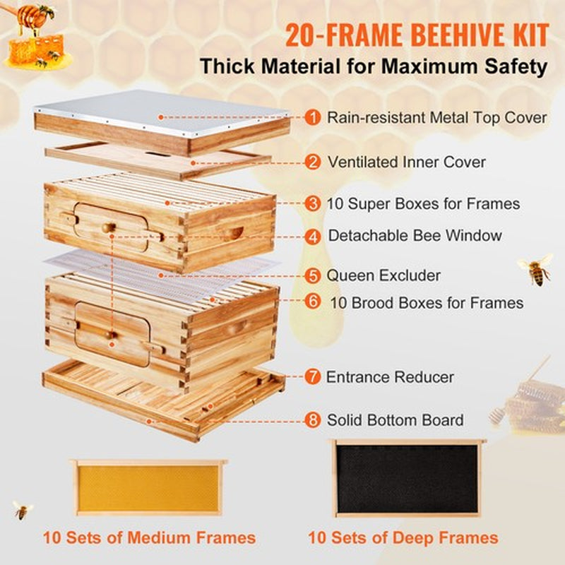 Langstroth Bee Hive Starter Kit, Beekeeping Hive with Transparent Bee Windows & Beeswax Coated Cedar Wood – 20 Frame Durable Outdoor Bee Box 