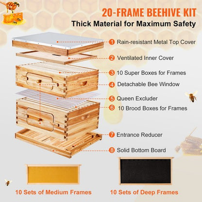 Langstroth Bee Hive Starter Kit, Beekeeping Hive with Transparent Bee Windows & Beeswax Coated Cedar Wood – 20 Frame Durable Outdoor Bee Box 