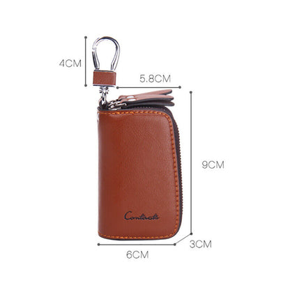 Keyholder Retro Casual Cowhide Leather Double Zipper Car Key Case Holder Wallet Key Bag