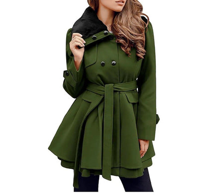 Winter Faux Fur Lapel Coat for Women - Double-Breasted Wool Trench Coat,Collar Womenswear Adjustable Belt Button Chic Comfortable Feminine Fit Jackets