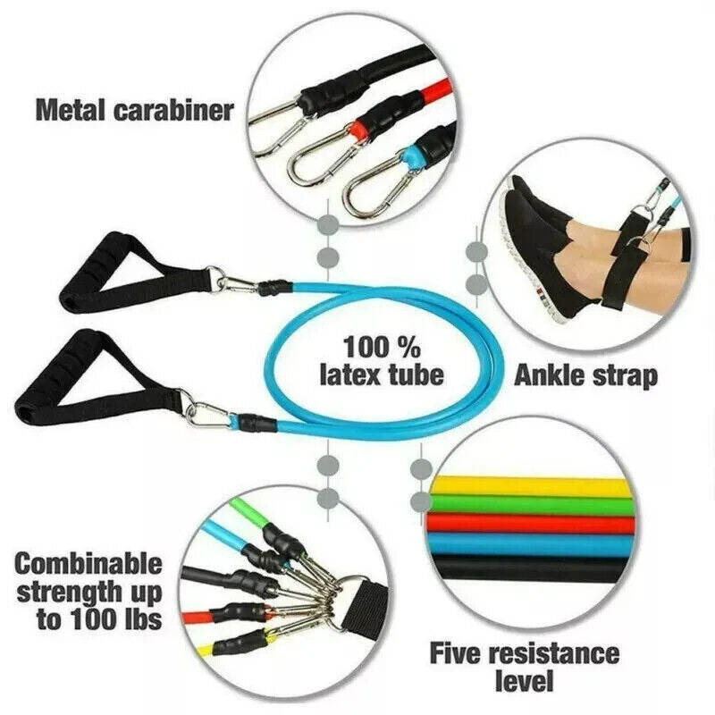 11 PCS Resistance Band Set Yoga Pilates Abs Exercise Fitness Tube Workout Bands