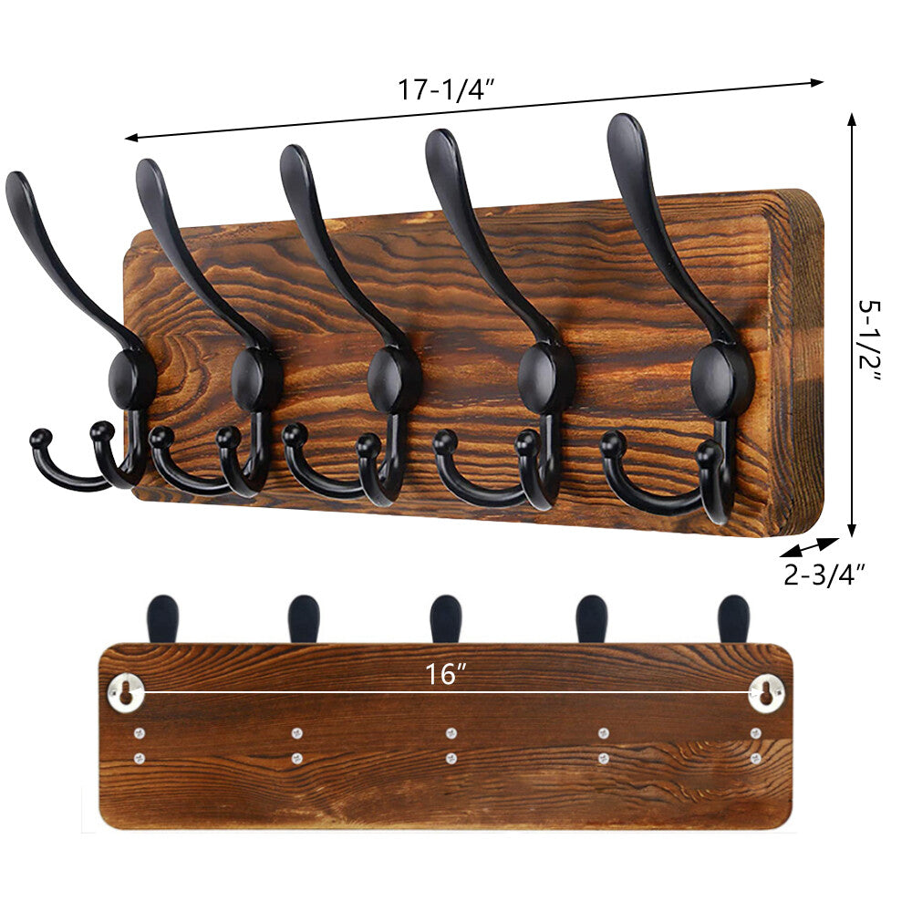 Brown Coat Rack Wall Mount Hat Rack 5 Hooks Pine Wood Plank for Clothes Hats Key