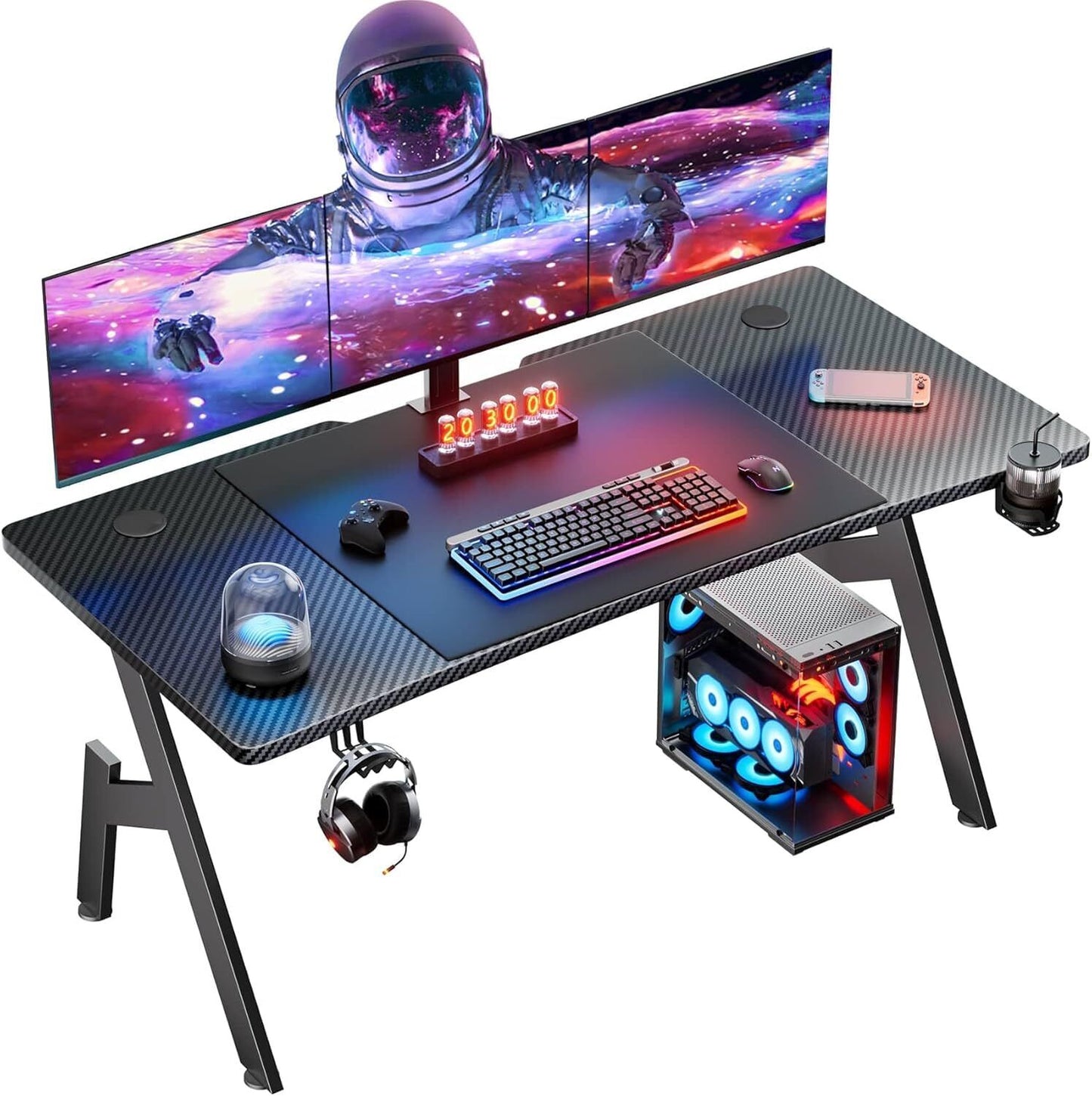 Gaming Desk for Gamers - Large Ergonomic PC Table, Carbon Fiber Surface, Sturdy Steel Frame, Headphone Hook, Cup Holder, Cable Management