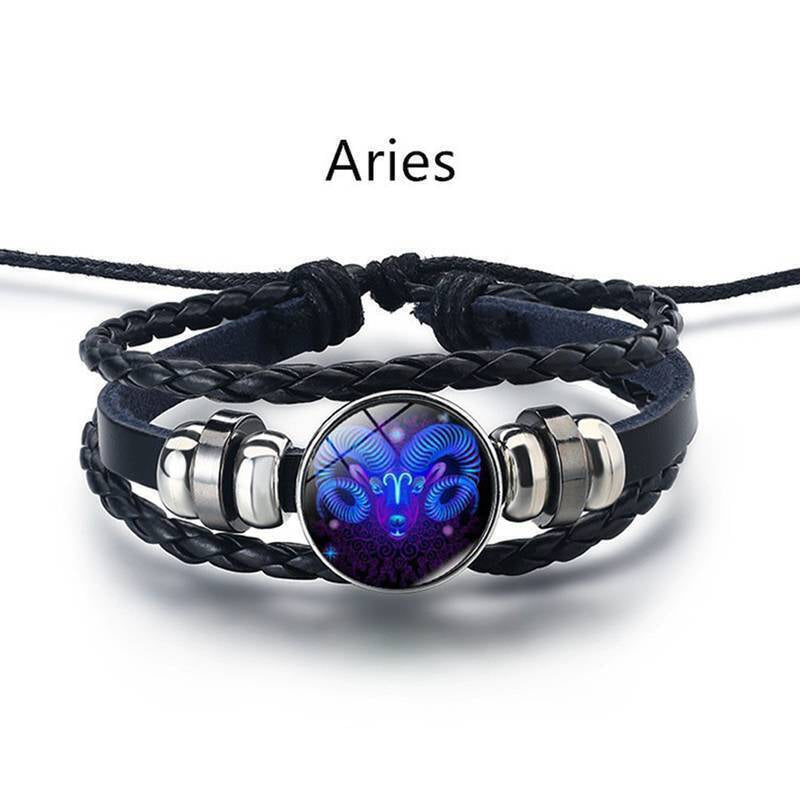 Leather Bracelet Bangle for Men Woman with Signs of the Zodiac Astrology Luminou