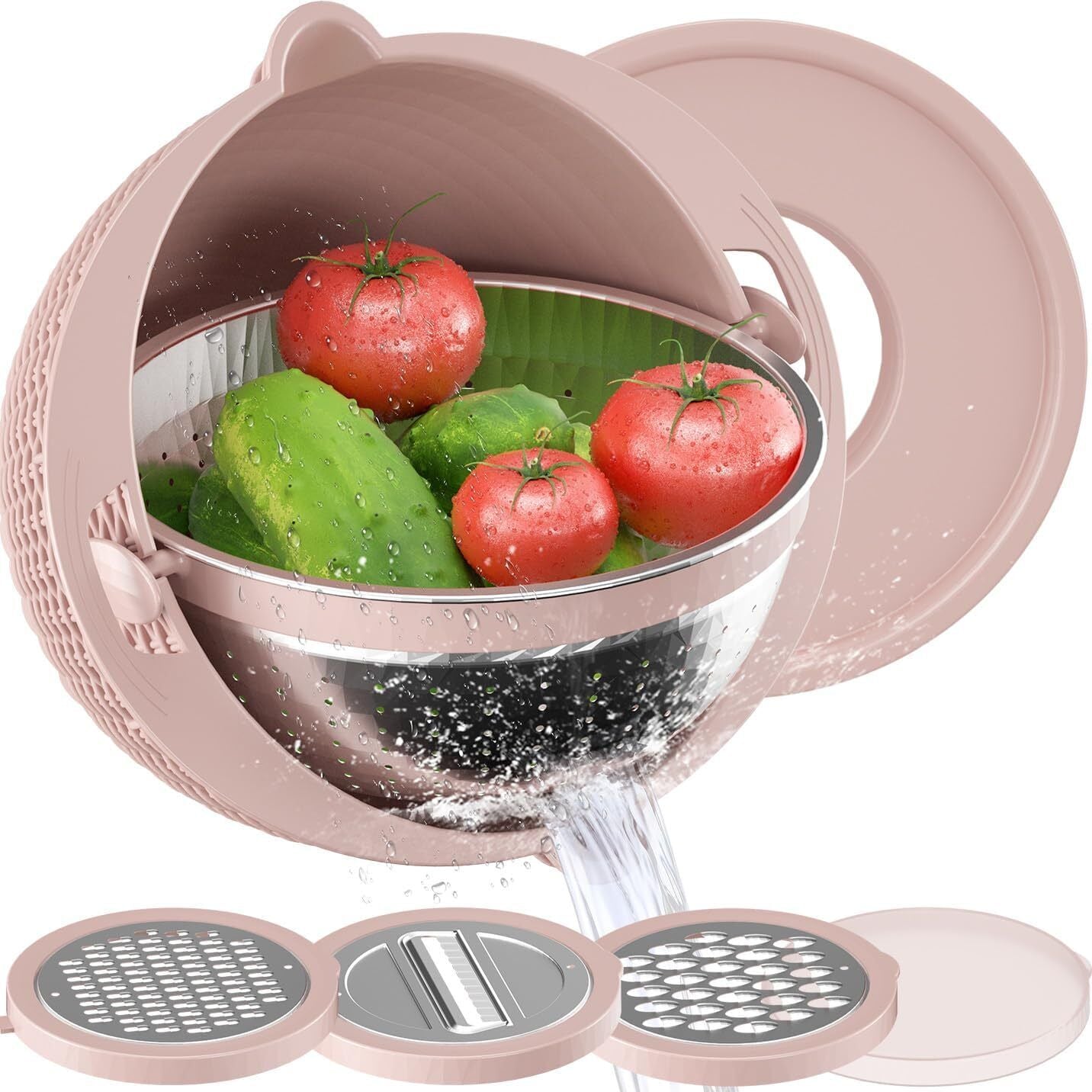 colander, Kitchen Strainer 4-in-1 Set - Rotating Colander, Fruit Bowl, Stainless Steel & Plastic, Utensils Food Prep Metal Sturdy Thick Traditional