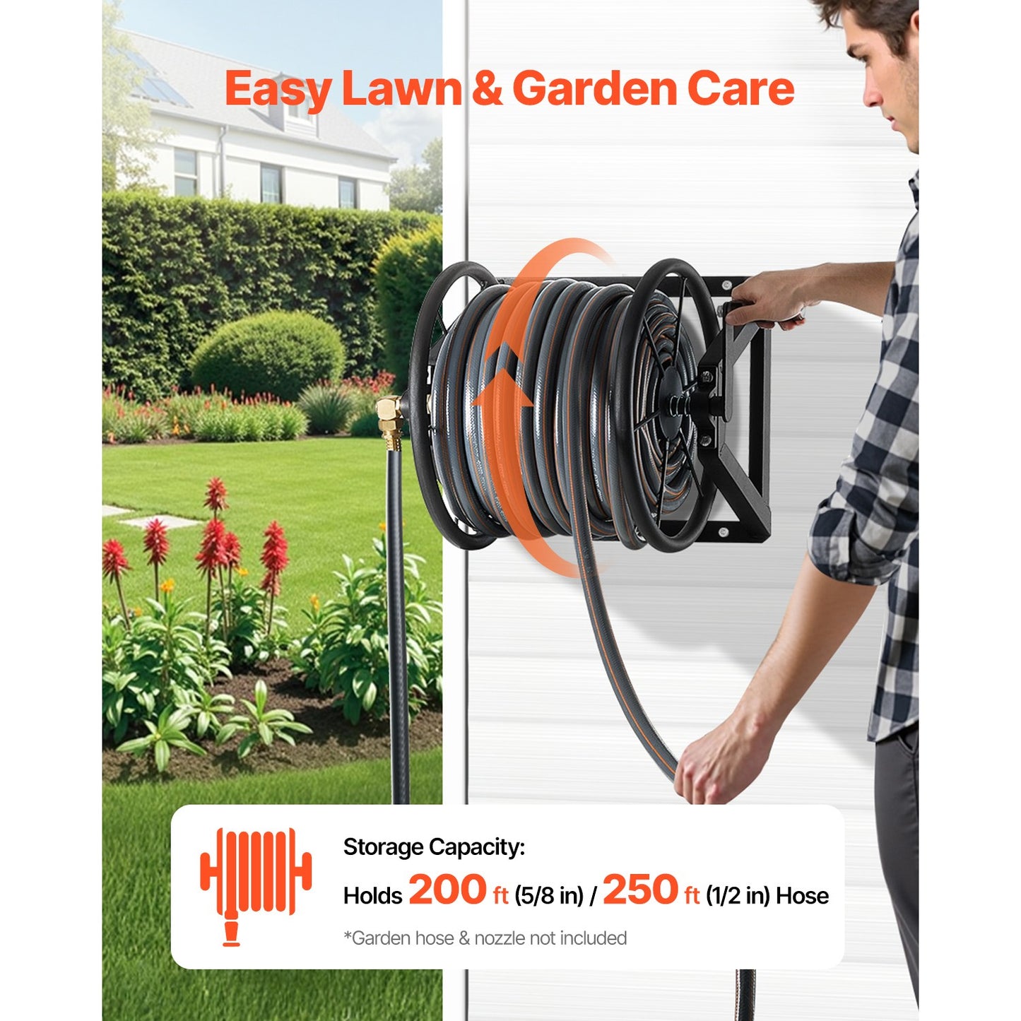 Wall Mounted Garden Hose Reel 200Ft 5/8 in Manual Hose Winder Brass Fitting