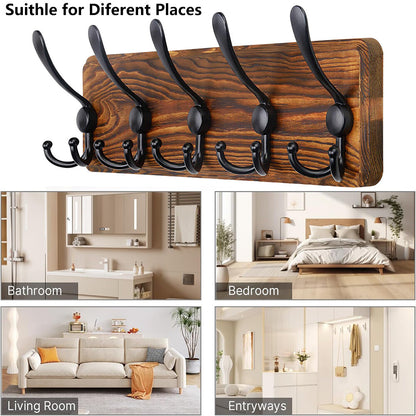 Brown Coat Rack Wall Mount Hat Rack 5 Hooks Pine Wood Plank for Clothes Hats Key