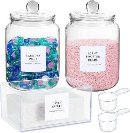 Airtight Glass Laundry Storage Jars Set – 1.5 Gallon Dispensers for Detergent, Pods, Dryer Sheets & More – Clear Organizer for Laundry Room & Bathroom