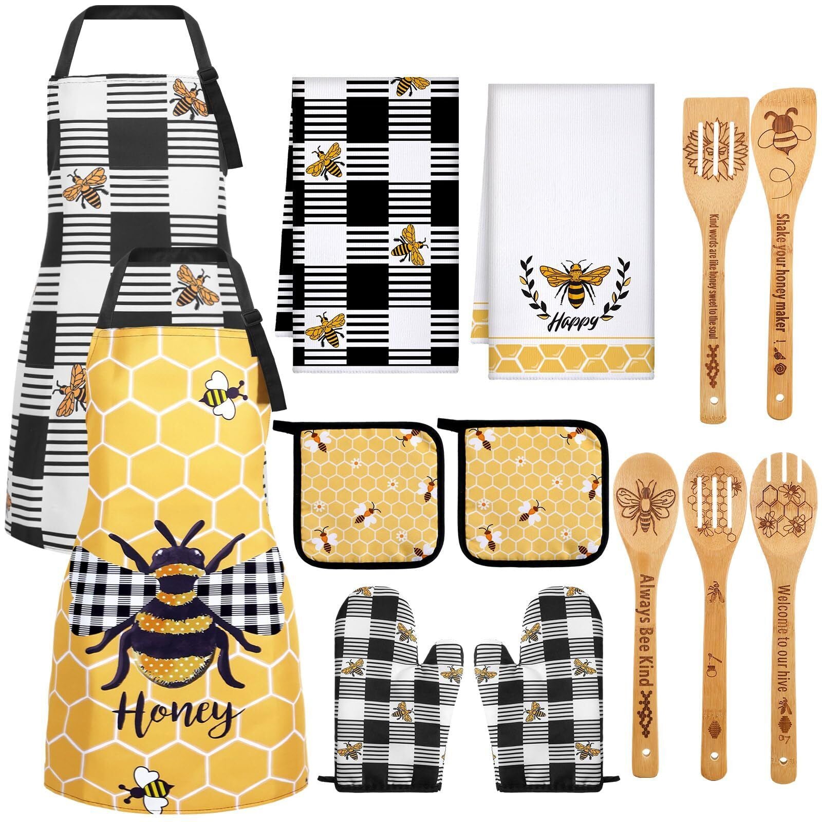 Bee Sunflower Farmhouse Kitchen Set 13 Pcs Wooden Spoons 2 Kitchen Towels 2