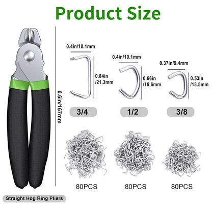 Straight Hog Ring Pliers 240PCS 3/4 1/2 3/8 Inch Rings Kit Upholstery Seat Cover