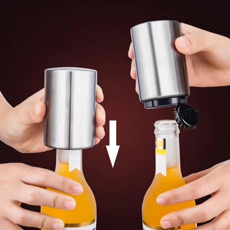 Magnet Automatic Beer Bottle Opener Push down Soda Cap Collector Stainless Steel